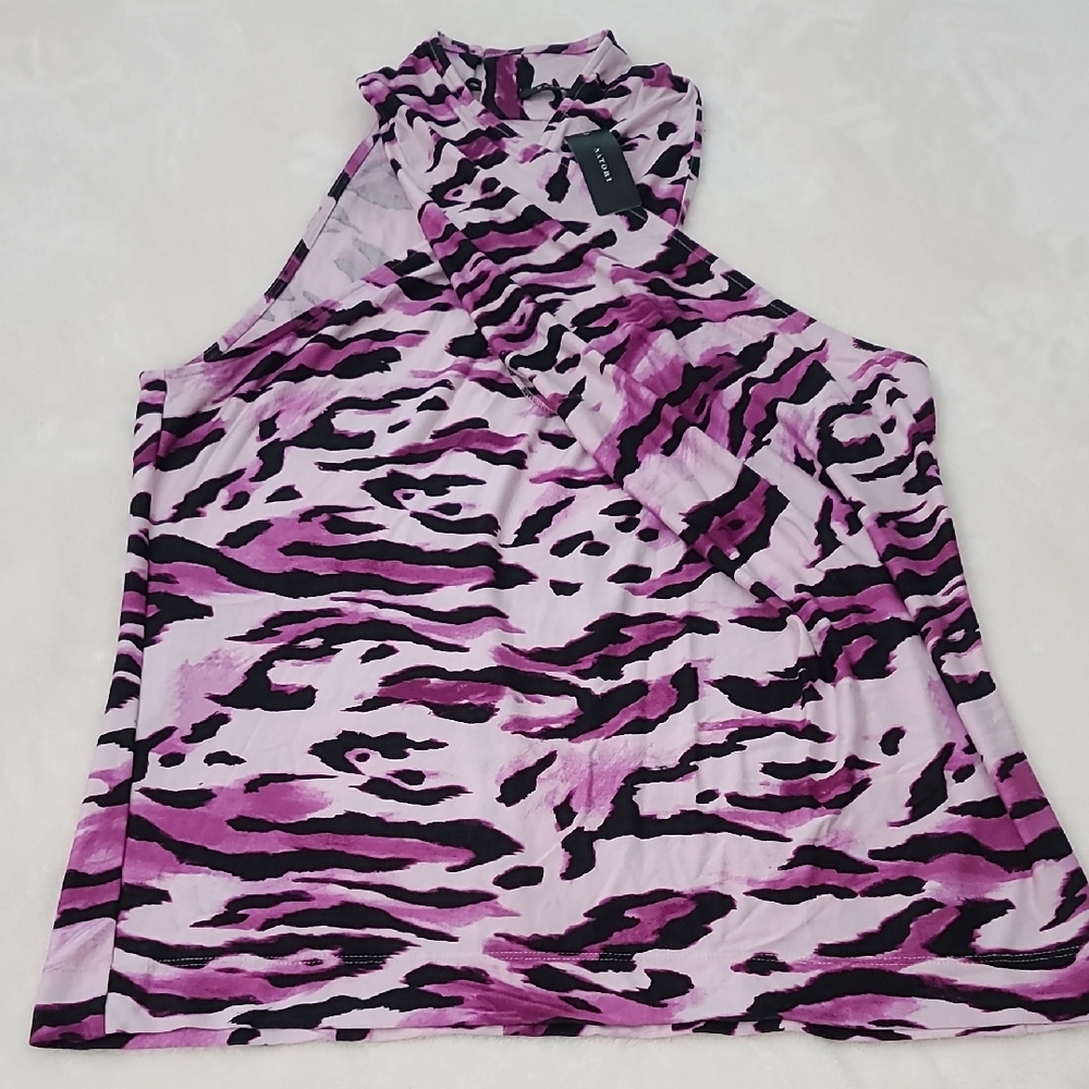 Natori Criss-Cross High Neck Pink Leopard Top